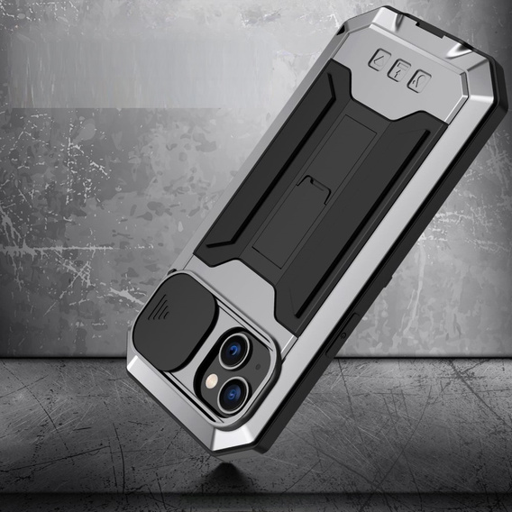 Чехол для iPhone 14 Plus, R-JUST CamShield Slide, бронированный, серебряный / черный