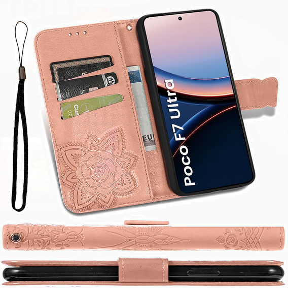 Чохол-книжка для Xiaomi Poco F7 Ultra, Butterfly, рожевий rose gold
