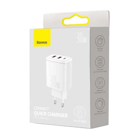 Зарядний пристрій BASEUS 2xUSB + USB Type-C, 30W - White