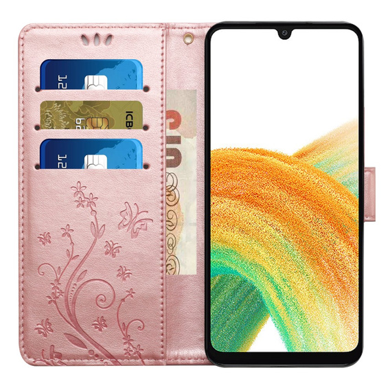 Откидной чехол для Samsung Galaxy A25 5G, Butterfly Flower, розовый rose gold + 9H стекло  