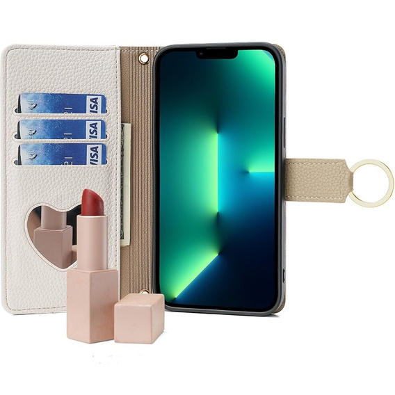 Чохол-книжка для iPhone 15, Wallet Zipper Pocket, з дзеркалом, білий