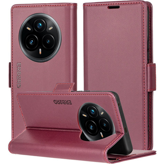 Чехол для Realme 14 Pro 5G, ERBORD Glossy Litchi, кошелек с клапаном, красный