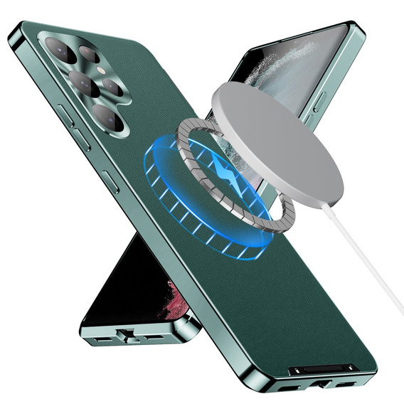 Кожаный чехол для Samsung Galaxy S24 Ultra, с защитой камеры, для MagSafe, зелёный