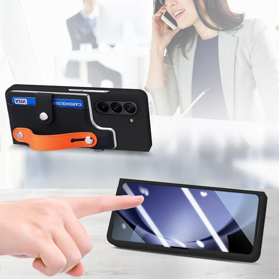 Чохол для Samsung Galaxy Z Fold 5 5G, з підставкою, склом та стилусом, шкіряний, чорний
