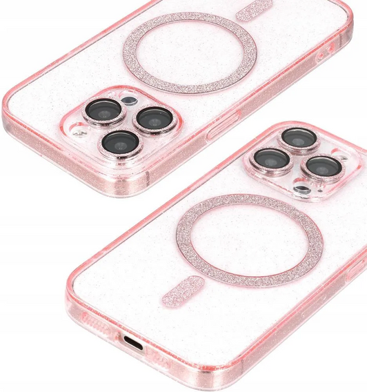 Чохол для iPhone 16 Pro, ERBORD Glitter MagSafe, рожевий + Скло для екрану