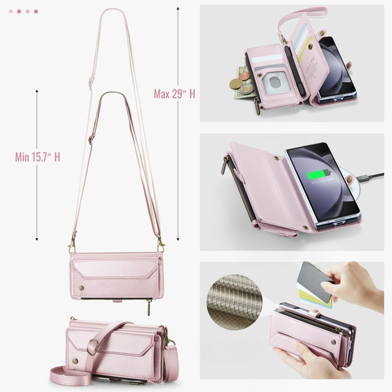 Чохол CASEME для Samsung Galaxy Z Fold6 5G, RFID Leather Wallet з плечовим ременем, рожевий