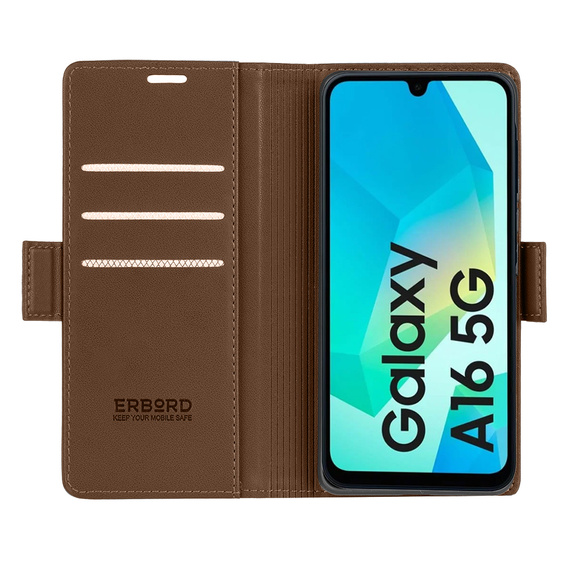 Чехол для Samsung Galaxy A16, ERBORD Glossy Litchi, кошелек с клапаном, коричневый