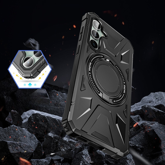 Чехол для Samsung Galaxy A15 5G, бронированный с подставкой и ручкой-планшетом, фиолетовый + 9H стекло