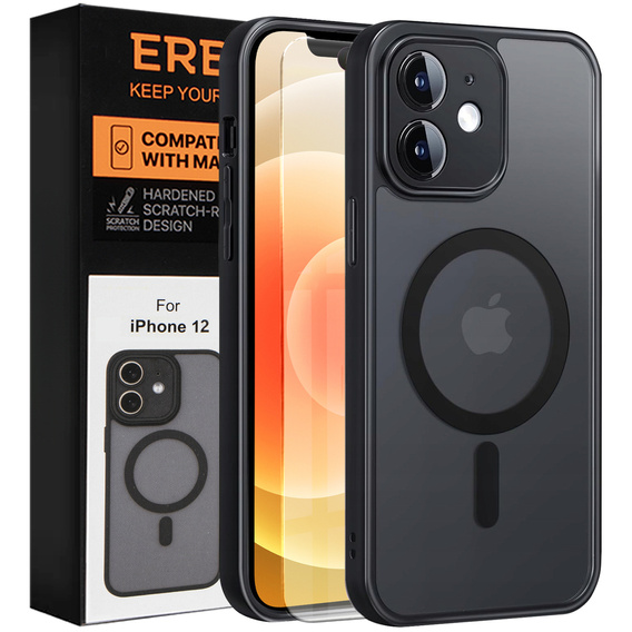 Чохол для iPhone 12, для MagSafe, ERBORD Matt Case, чорний + захисне скло