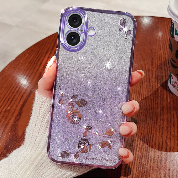 Чохол для iPhone 16 Plus, Glitter Flower, фіолетовий