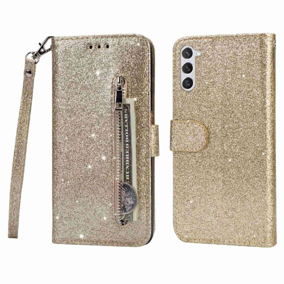 Откидной чехол для Samsung Galaxy S24, Wallet Zipper Pocket Glittery, золотой