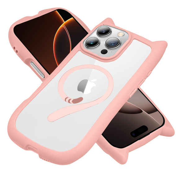 Чохол для iPhone 16 Pro, для MagSafe, Cute Cat, рожевий + захисне скло