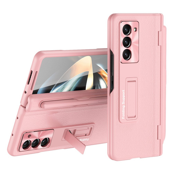 Кожаный чехол для Samsung Galaxy Z Fold5 5G, Kickstand case, с подставкой и стеклом, розовый