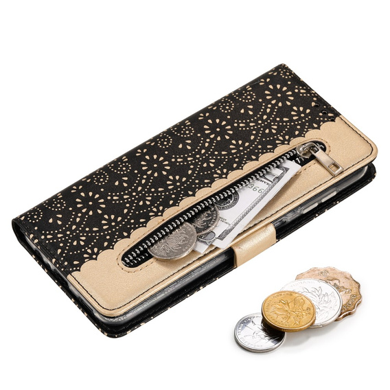 Чохол-кришка для Samsung Galaxy A25 5G, Wallet Pocket Zipper Lace, чорний