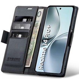 Чехол для Realme 14 Pro+ 5G, ERBORD Glossy Litchi, кошелек с клапаном, чёрный