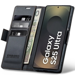 Чохол для Samsung Galaxy S25 Ultra, ERBORD Glossy Litchi, гаманець з клапаном, чорний