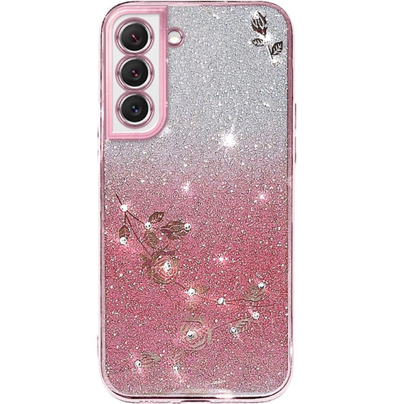 Чехол для Samsung Galaxy S22+ Plus, Glitter Flower, розовый rose gold