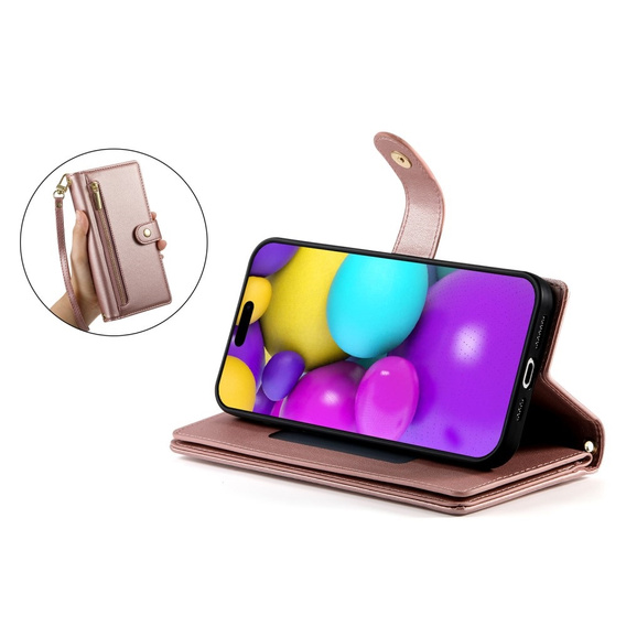 Откидной чехол для iPhone 16, Wallet Zipper Pocket, розовый