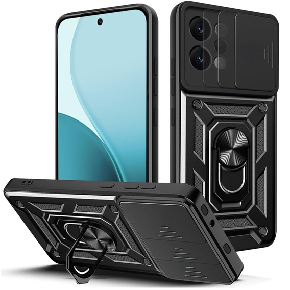 Бронированный чехол для Oppo Reno 14, с защитой камеры, с подставкой, черный