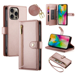 Откидной чехол для iPhone 16 Pro Max, Wallet Zipper Pocket, розовый