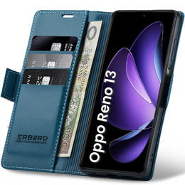 Чехол для Oppo Reno 13, ERBORD Glossy Litchi, кошелек с клапаном, синий