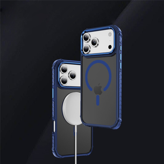 Матовий чохол для iPhone 17 Pro, броньований, для MagSafe, димчастий з синіми боковинами