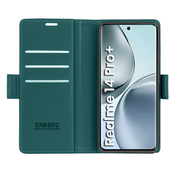 Чохол для Realme 14 Pro+ 5G, ERBORD Glossy Litchi, гаманець з клапаном, зелений