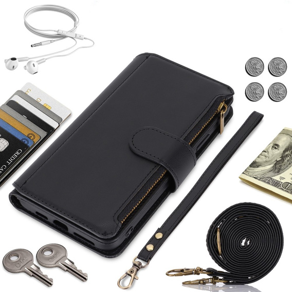 Чохол-книжка для Samsung Galaxy S24, Wallet Zipper Pocket RFID, з плечовим ременем, чорний