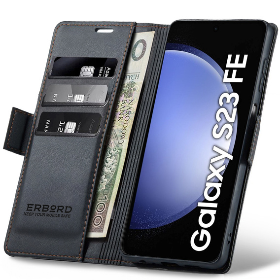 Чохол для Samsung Galaxy S23 FE, ERBORD Glossy Litchi, гаманець з клапаном, чорний