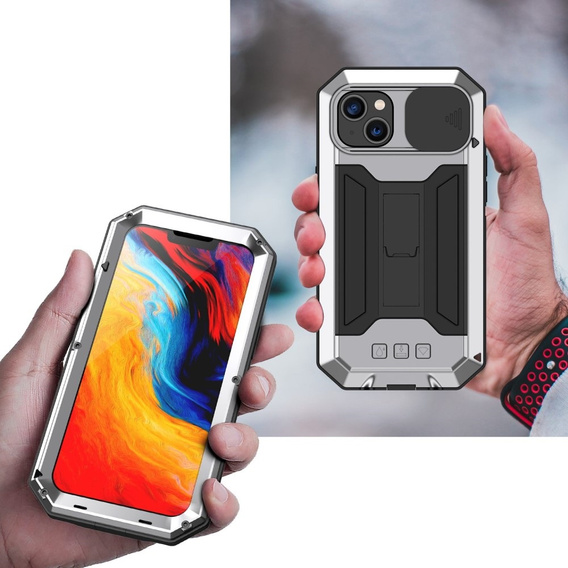 Чехол для iPhone 14, R-JUST CamShield Slide, бронированный, серебряный / черный