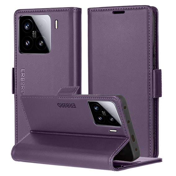 Чохол для Xiaomi 15, ERBORD Glossy Litchi, гаманець з клапаном, фіолетовий