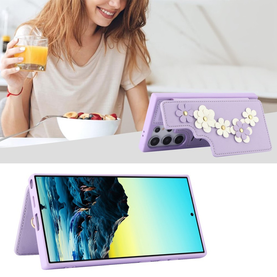 Чехол для Samsung Galaxy S25 Ultra, Leather Flower Card Slot, фиолетовый