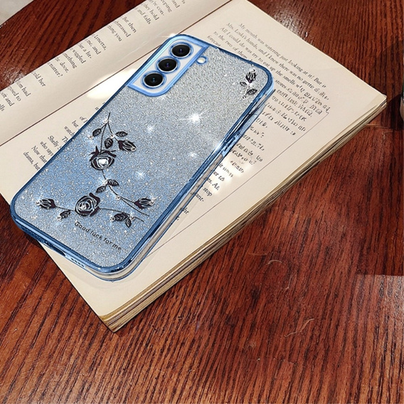 Чехол для Samsung Galaxy S22, Glitter Flower, синий