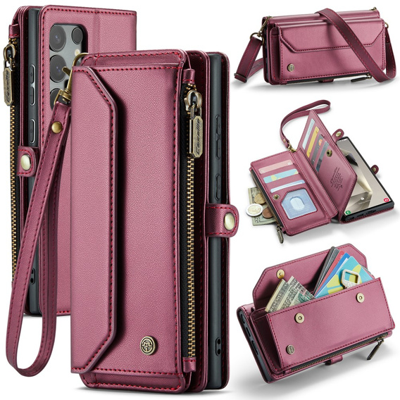 Чехол CASEME для Samsung Galaxy S25 Ultra, RFID Leather Wallet, с плечевым ремнем, красный