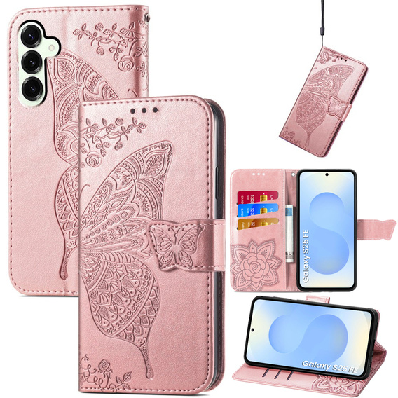 Откидной чехол для Samsung Galaxy S25 FE, Butterfly, розовый rose gold