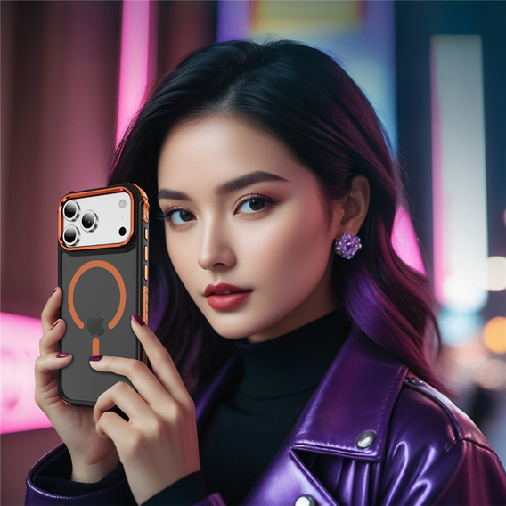 Матовый чехол для iPhone 17 Pro Max, бронированный, для MagSafe, дымчатый с оранжевыми боками
