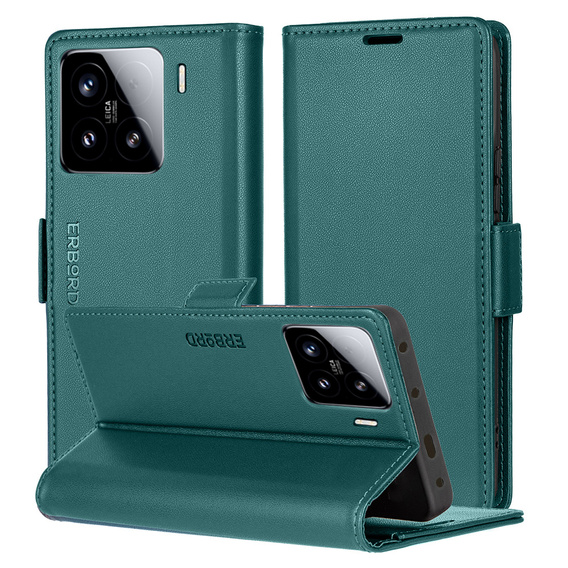 Чехол для Xiaomi 15, ERBORD Glossy Litchi, кошелек с клапаном, зелёный