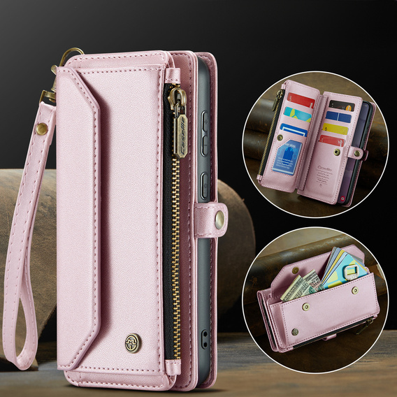 Чехол CASEME для Samsung Galaxy S25 FE, RFID Leather Wallet, с плечевым ремнем, розовый