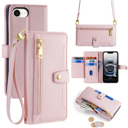 Откидной чехол для iPhone 16E, Wallet Zipper Pocket, розовый