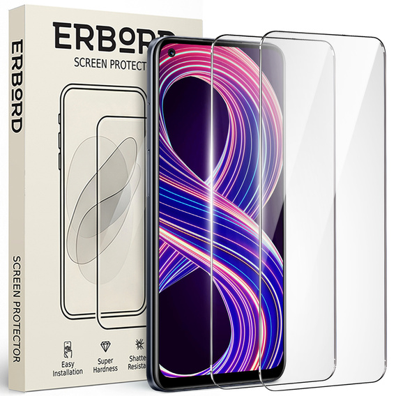 2x Закаленное стекло для Realme 8 5G, ERBORD 9H Hard Glass на экране