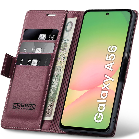 Чохол для Samsung Galaxy A56, ERBORD Glossy Litchi, гаманець з клапаном, червоний