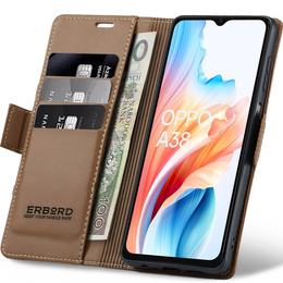 Чехол для Oppo A18 4G / A38 4G, ERBORD Glossy Litchi, кошелек с клапаном, коричневый