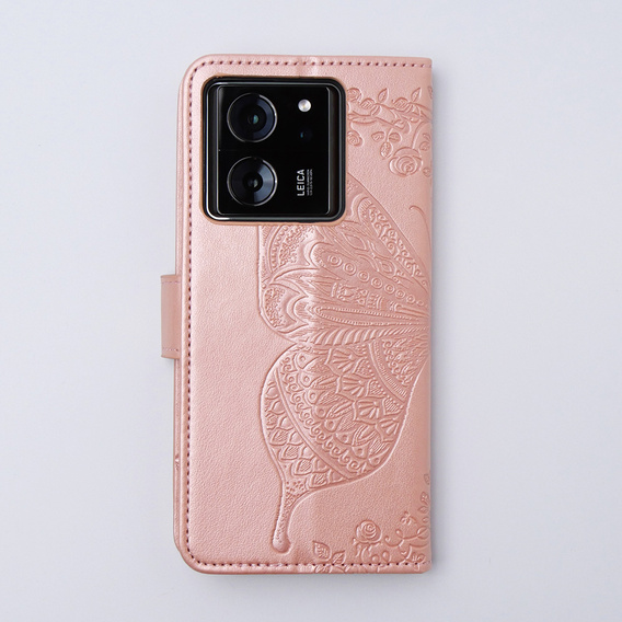 Откидной чехол для Xiaomi 13T / 13T Pro, Butterfly, розовый rose gold