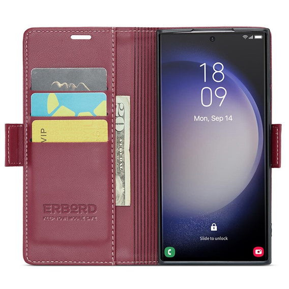 Чохол для Samsung Galaxy S24 Ultra, ERBORD Glossy Litchi, гаманець з клапаном, червоний