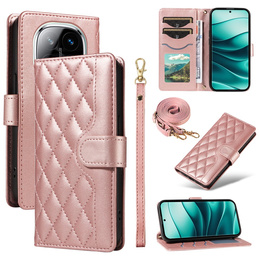 чехол-крышка для Xiaomi Redmi Note 14 Pro 5G / Xiaomi Redmi Note 14 Pro+ 5G / Xiaomi Poco X7 5G, Rhombus Crossbody Leather, розовый rose gold