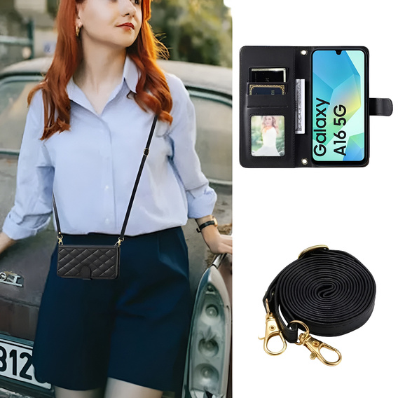 чехол-крышка для Samsung Galaxy A16, Rhombus Crossbody Leather, чёрный
