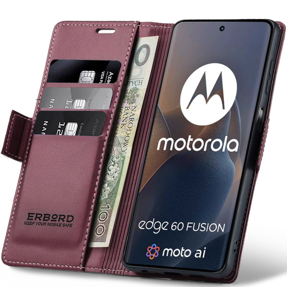 Чохол для Motorola Edge 60 / 60 Fusion, ERBORD Glossy Litchi, гаманець з клапаном, червоний