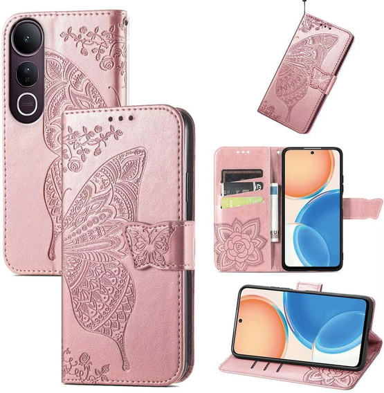 Откидной чехол для Vivo V50 Lite 4G / 5G, Butterfly, розовый rose gold