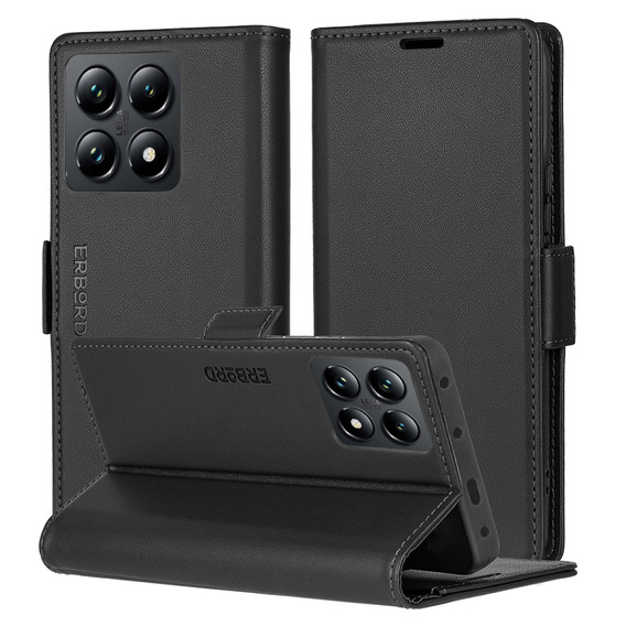 Чохол для Xiaomi 14T Pro, ERBORD Glossy Litchi, гаманець з клапаном, чорний