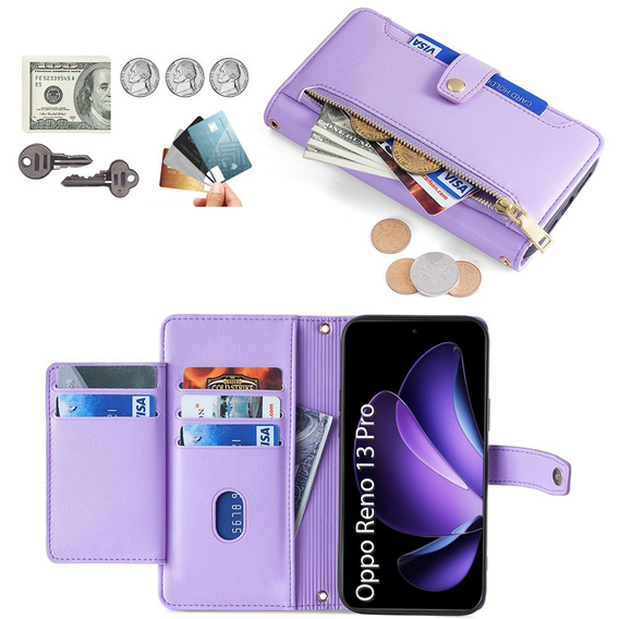 Откидной чехол для Oppo Reno 13 Pro, Wallet Zipper Pocket, фиолетовый
